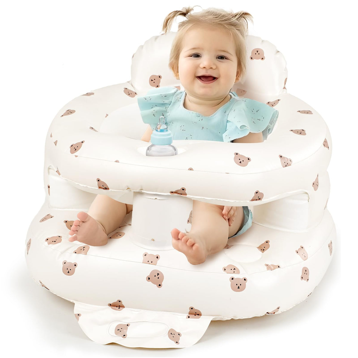 Tooktro inflatable baby seat setup image showing quick setup for on-the-go feeding