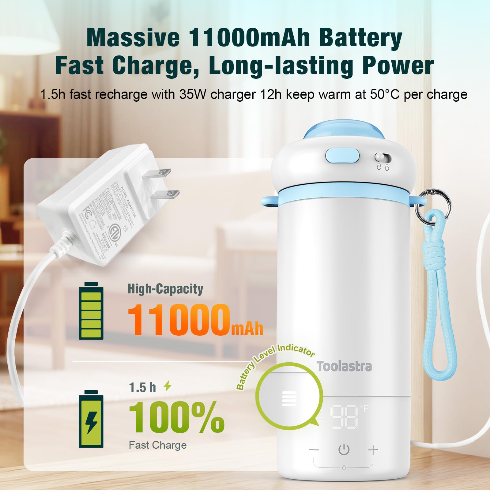 Toolastra bottle warmer 11000mAh battery supports hours of warmth on the go.