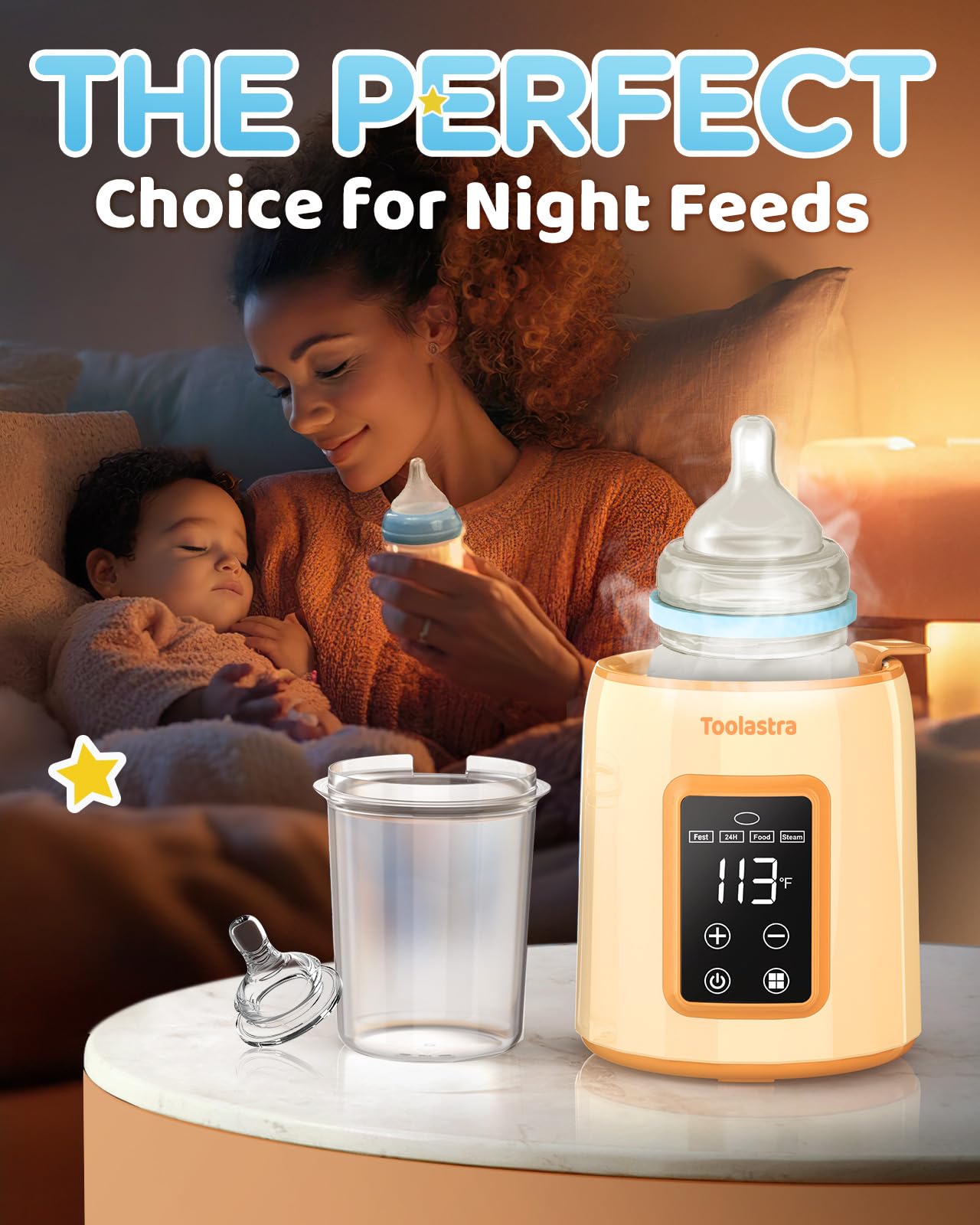 Toolastra Bottle Warmer wide-neck-bpa-free fits multiple bottle sizes for versatile feeding.