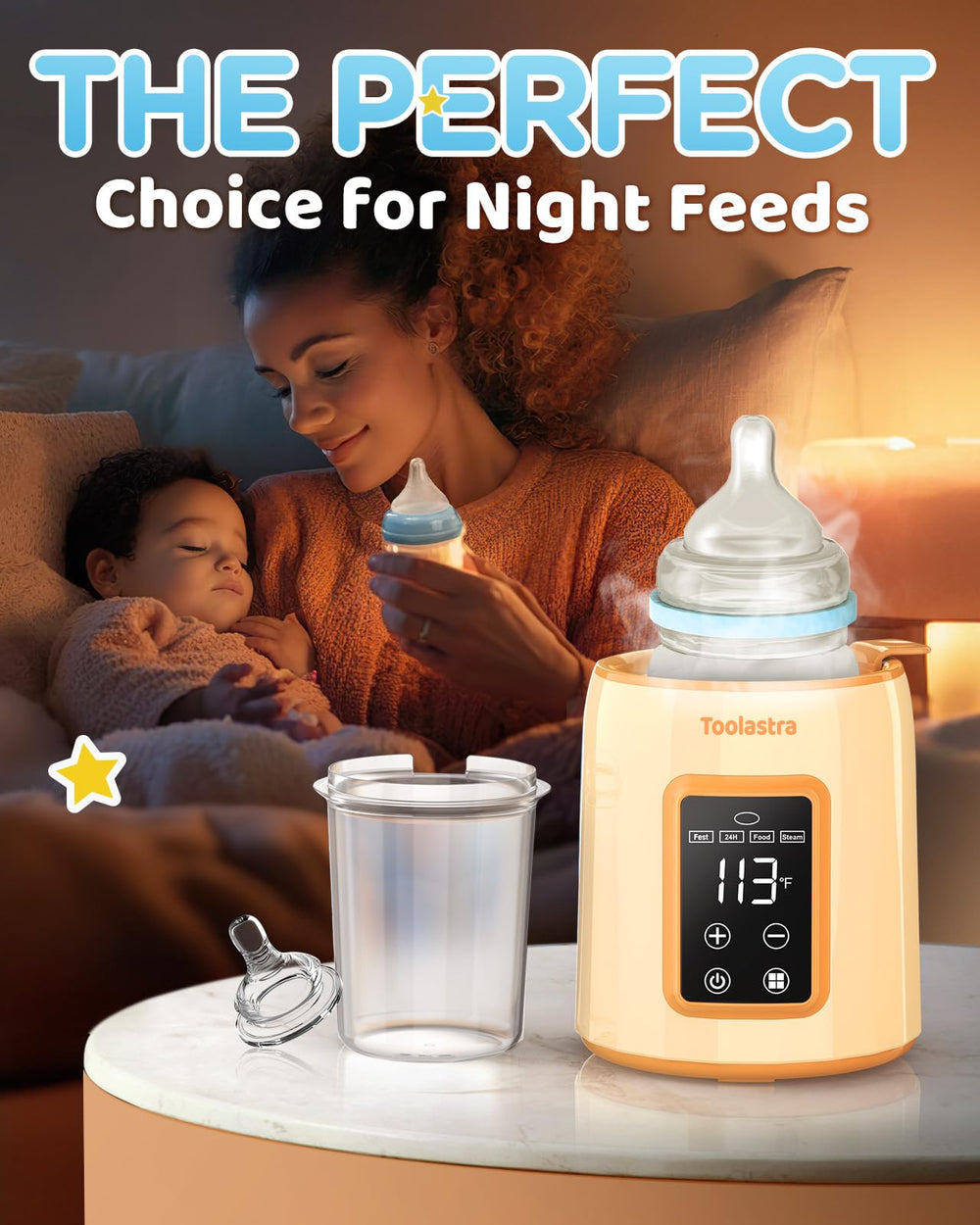 Toolastra Bottle Warmer wide-neck-bpa-free fits multiple bottle sizes for versatile feeding.