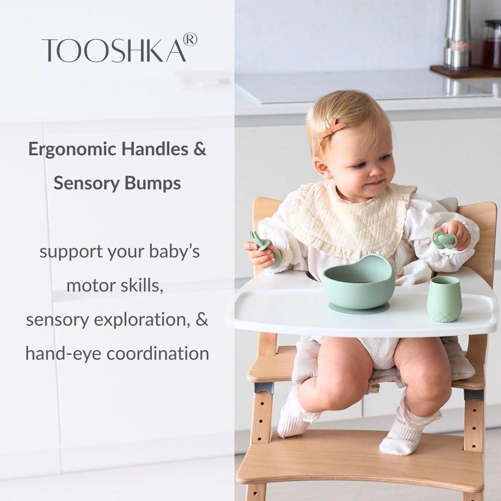 Tooshka baby utensil set 6pc dishwasher-safe for easy cleaning after meals.