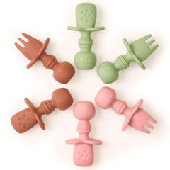 Tooshka baby utensil set 6pc spoons closeup with soft silicone tips for gentle feeding.