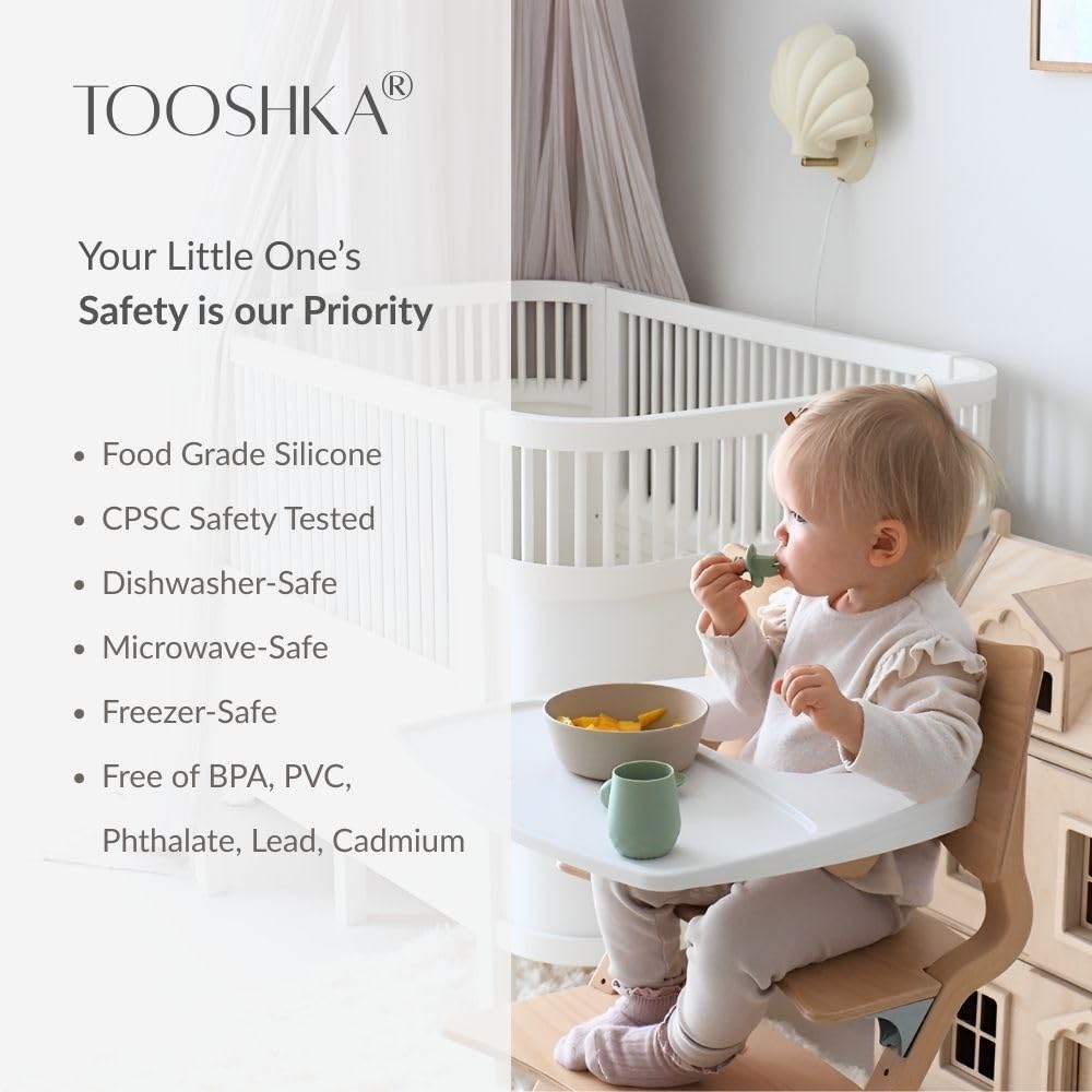 Tooshka baby utensil set 6pc brown green pink colors for playful meals.