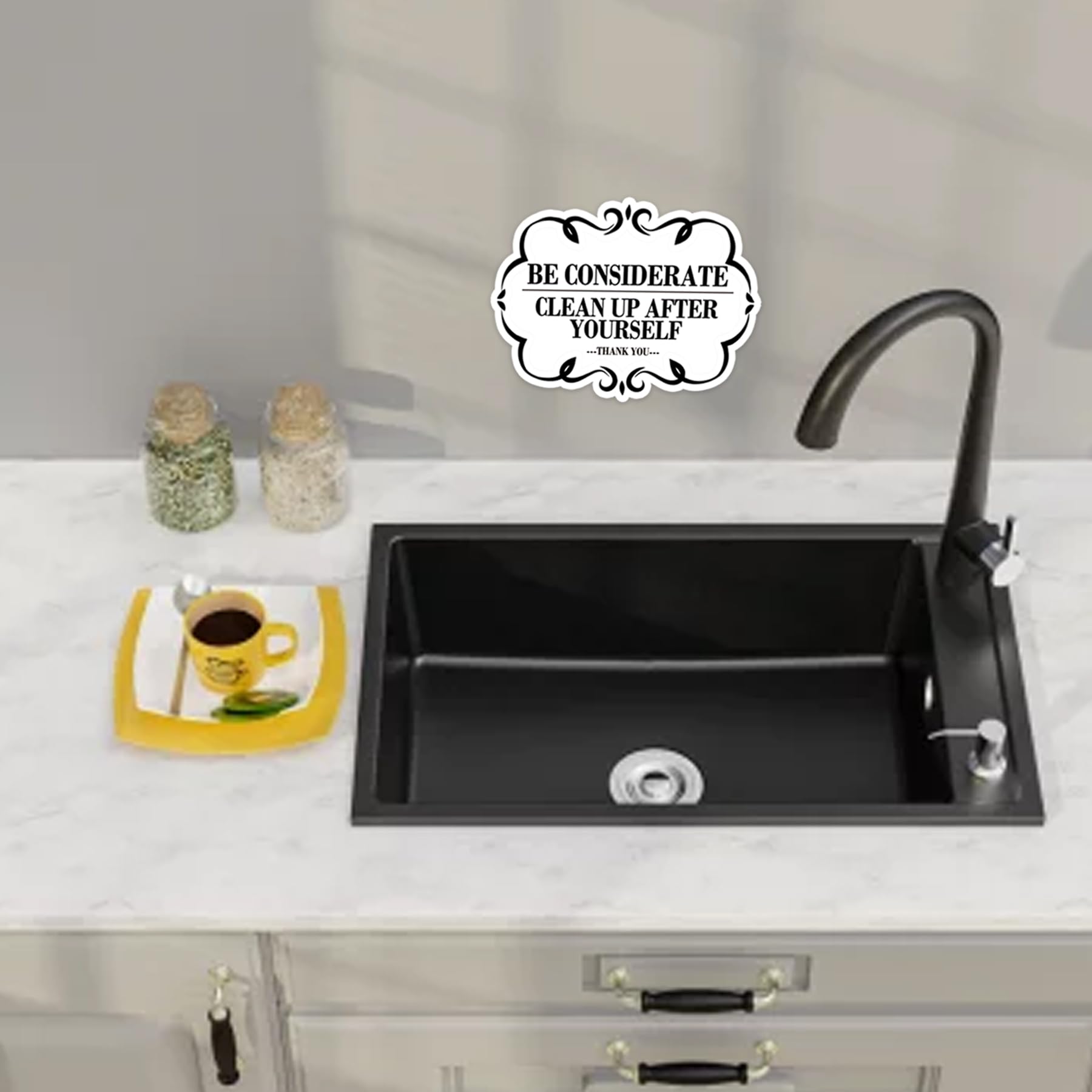Topabel Be Considerate sign in kitchen setting encourages cleanup after use.