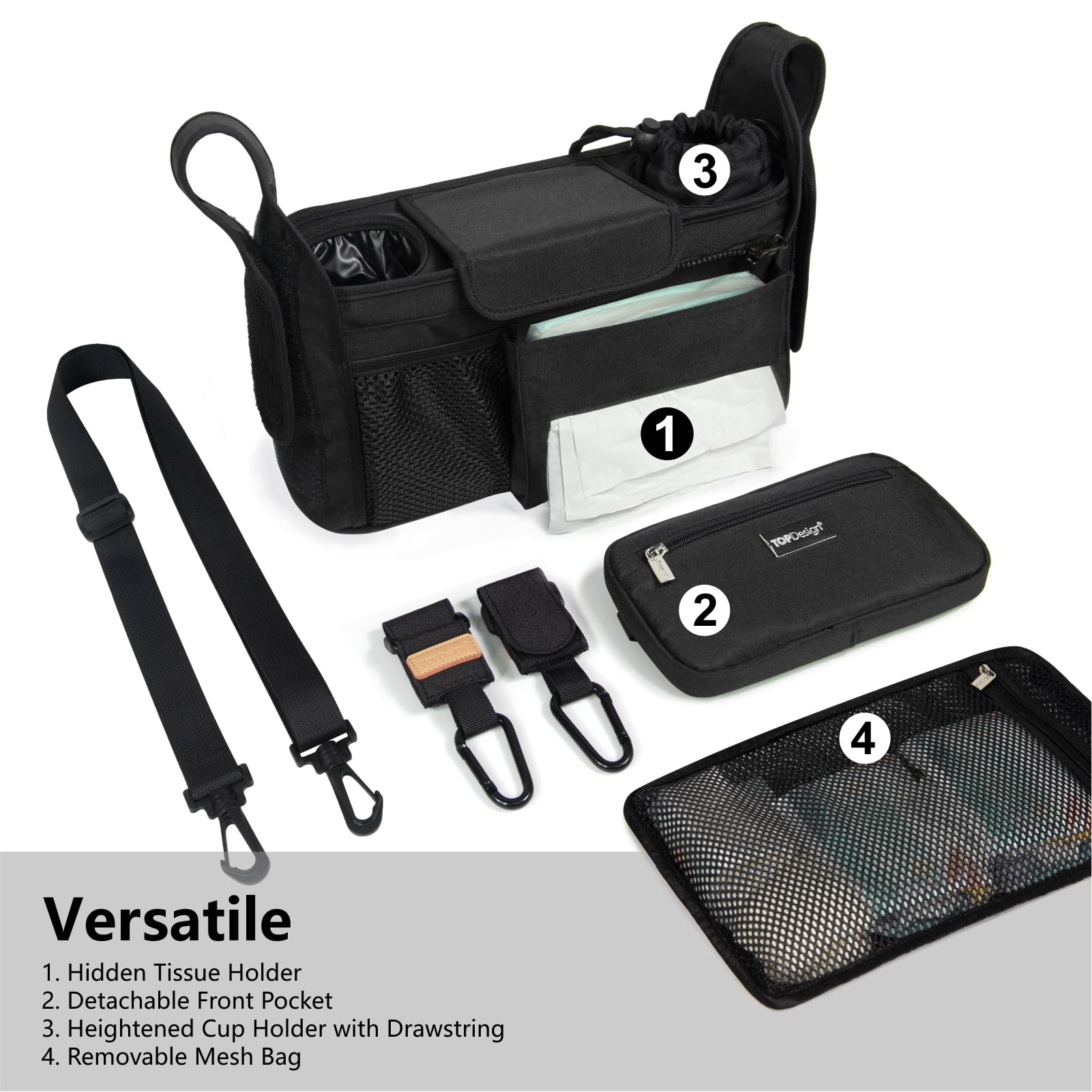 TOPDesign stroller caddy detachable mesh bag shows extra storage and washability