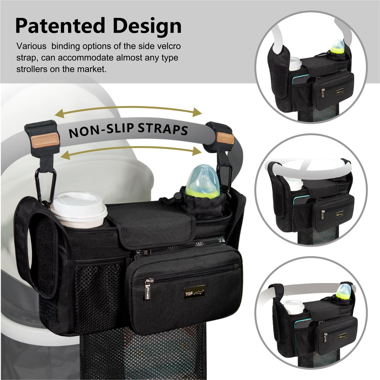 TOPDesign front pouch with non-slip hooks for quick-access items during strolls