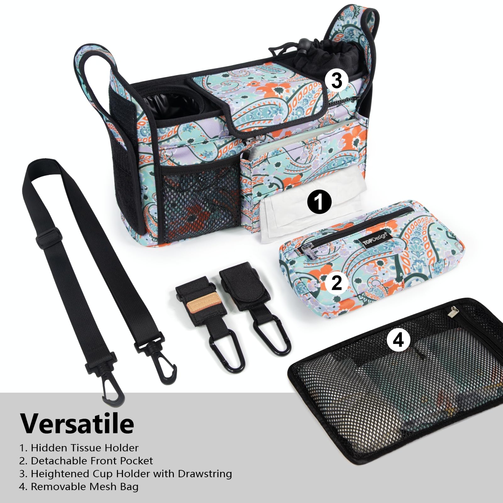 TOPDesign stroller organizer insulated cup holders keep bottles upright for quick reach.
