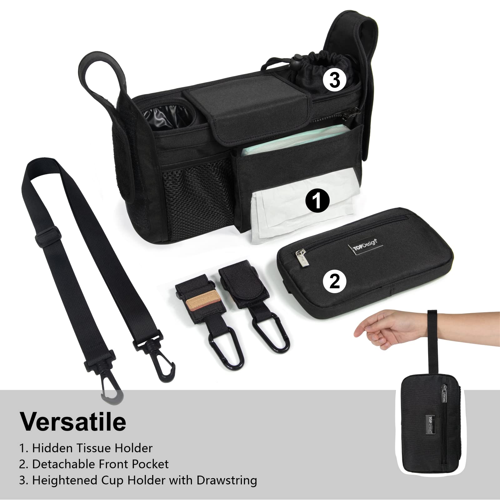 TOPDesign stroller organizer side view with secure handlebar fit