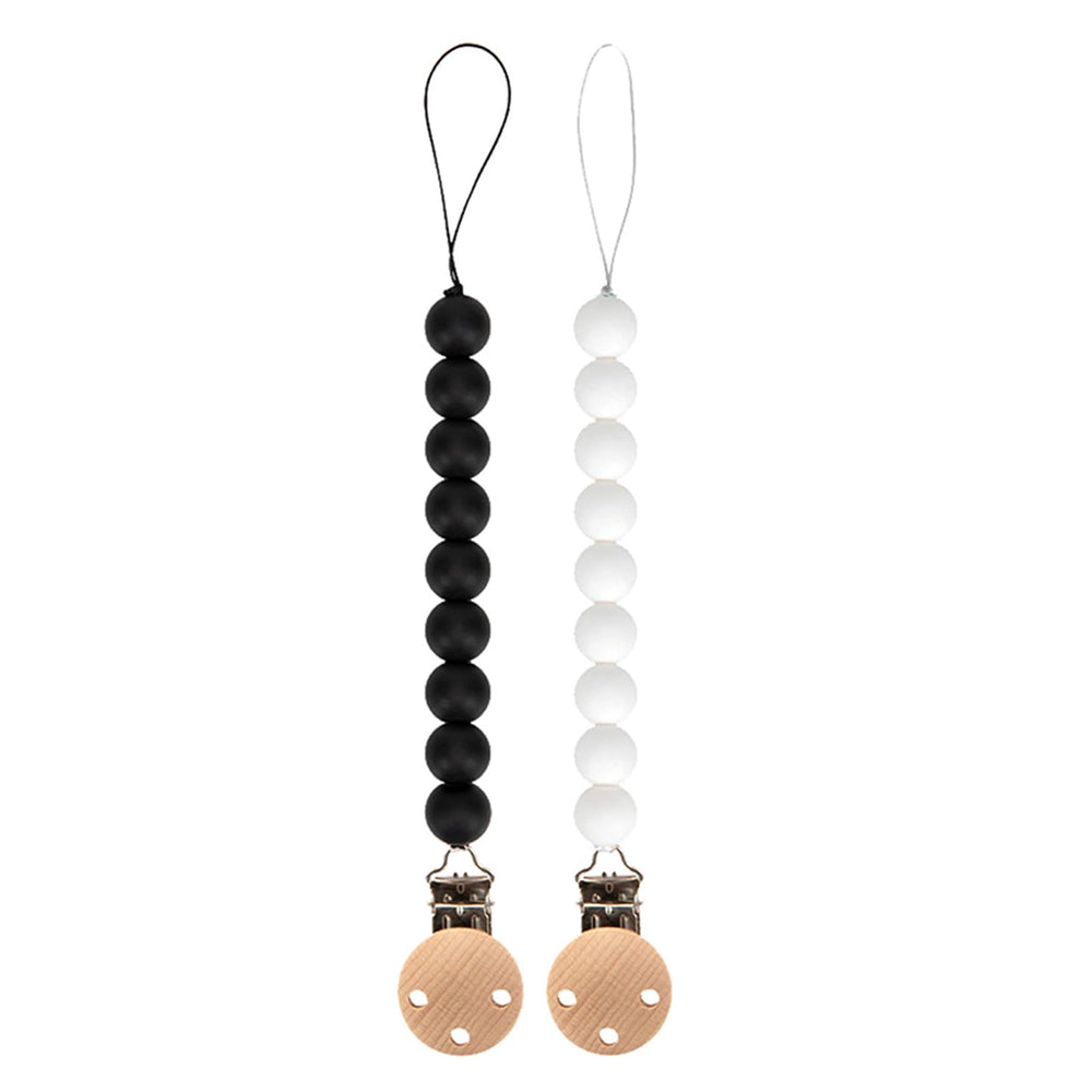 TopGOMES silicone pacifier clip holder two-pack in black and white keeps pacifiers secure