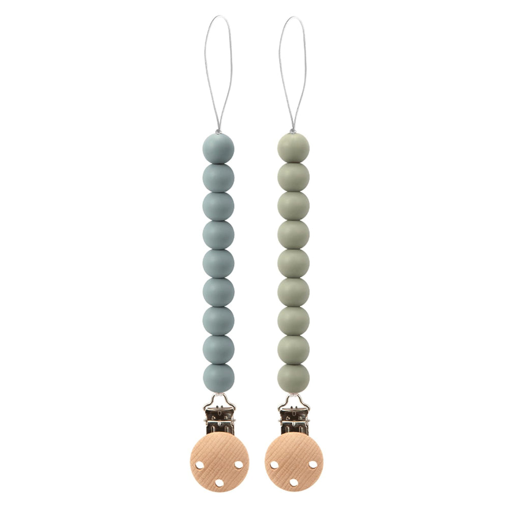 TopGomes silicone pacifier clip sage closeup, durable silicone and wood.