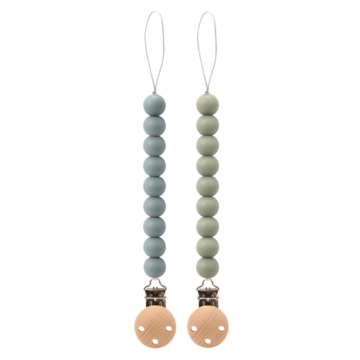 TopGomes silicone pacifier clip sage closeup, durable silicone and wood.
