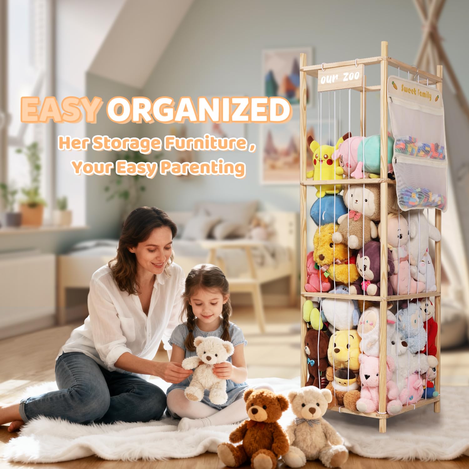 TOPHDY plush zoo doubles as decor while organizing toys and books.