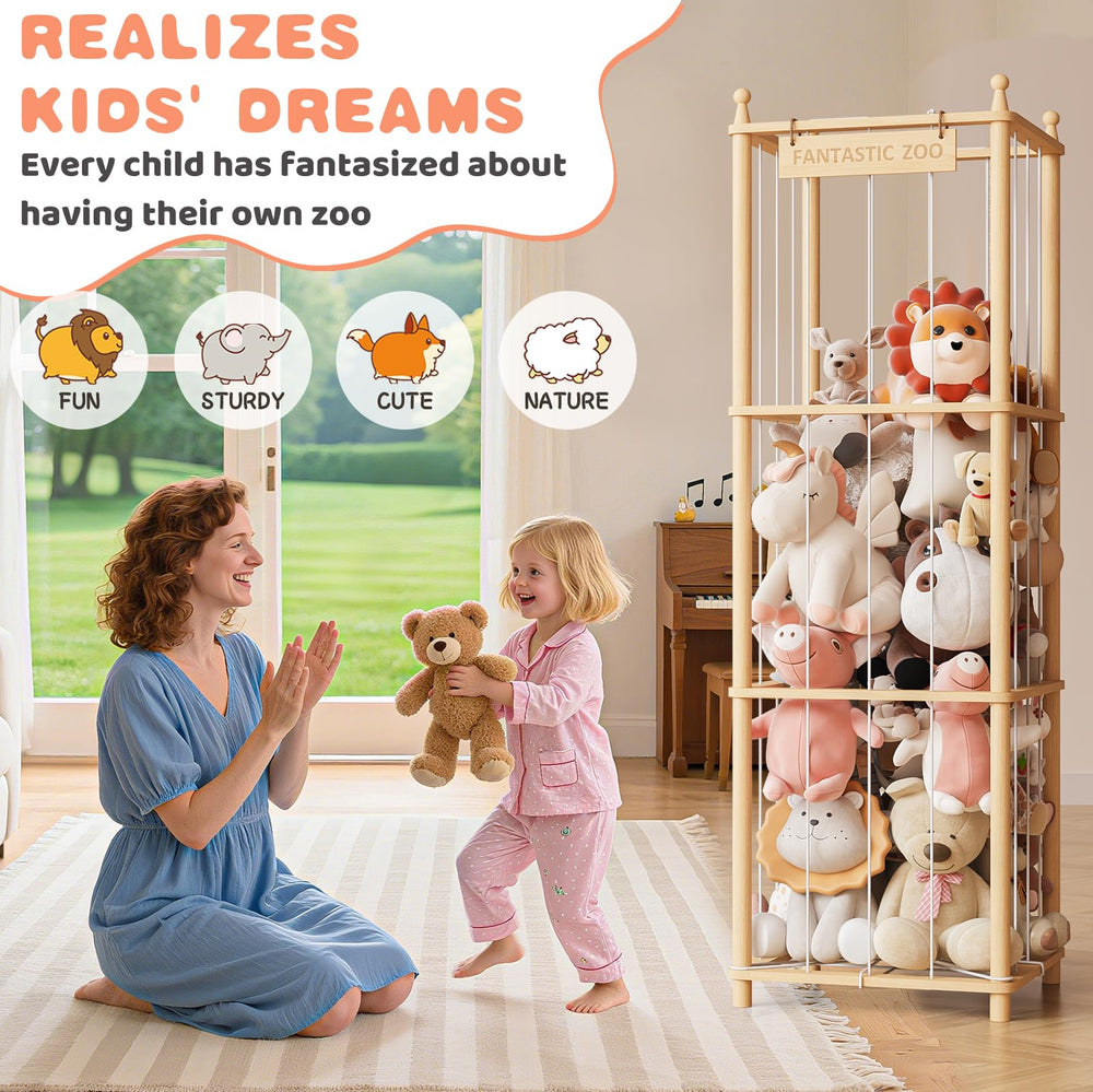 TOPMELON zoo-storage-tower-wooden-frame supports organized playroom storage