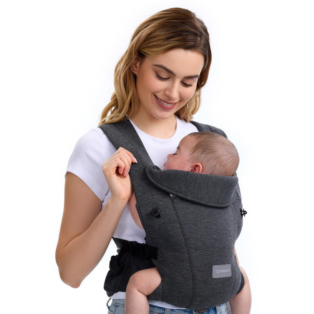 Topmeta newborn carrier in deep grey showing neck support for adjustable comfort