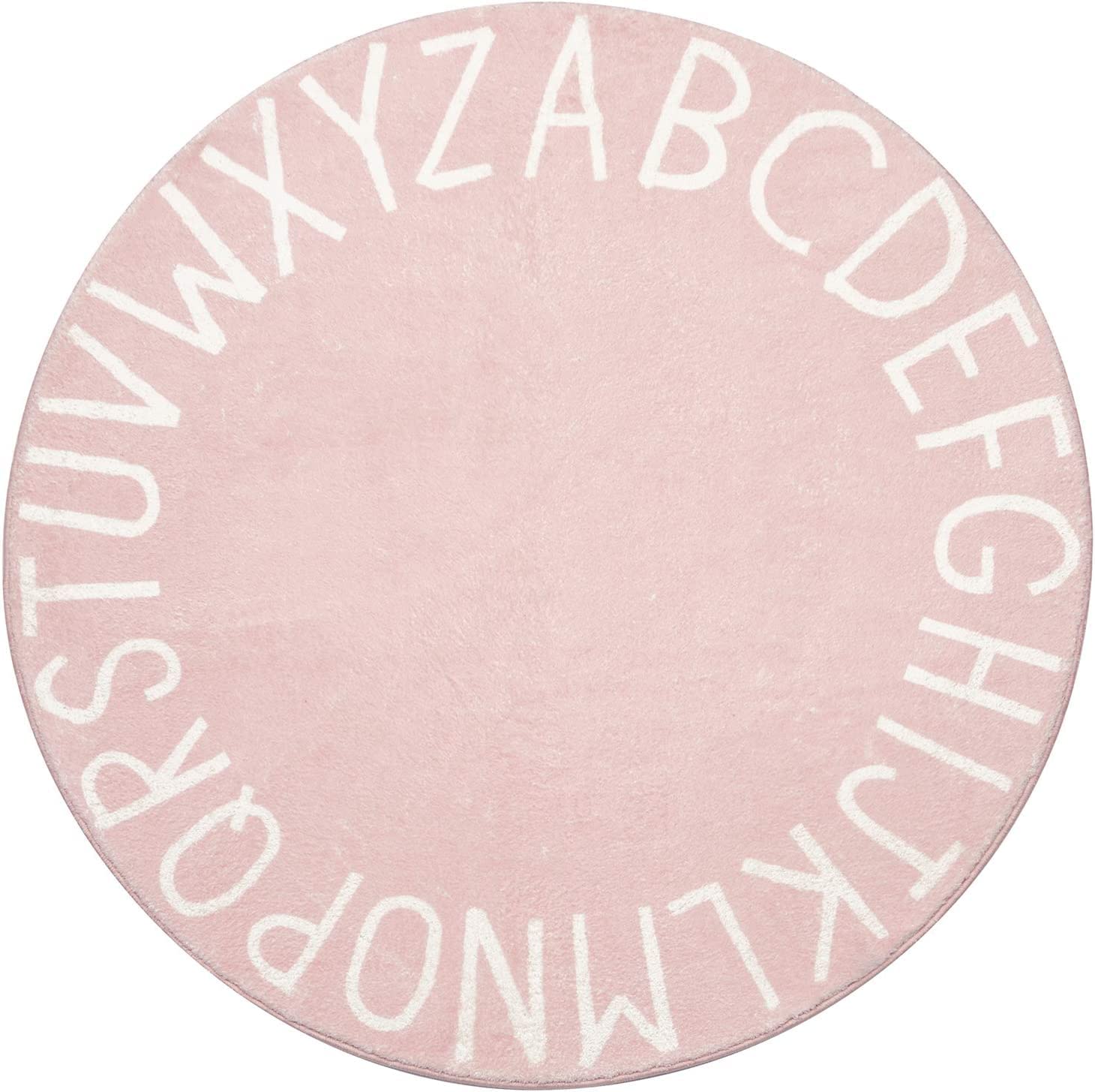 Topotdor alphabet rug 71-inch pink round offers bright letters for early learning and safe play.