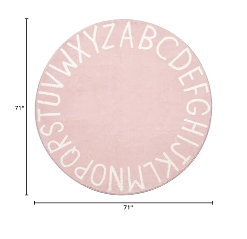 Topotdor nursery area rug with alphabet design adds color to kids pink bedroom.