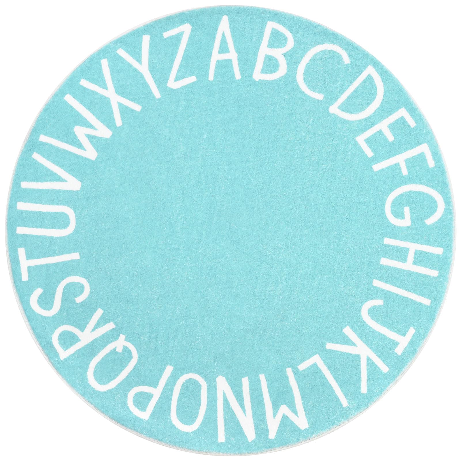 Topotdor Alphabet teal round rug with bold letters for early learning and play