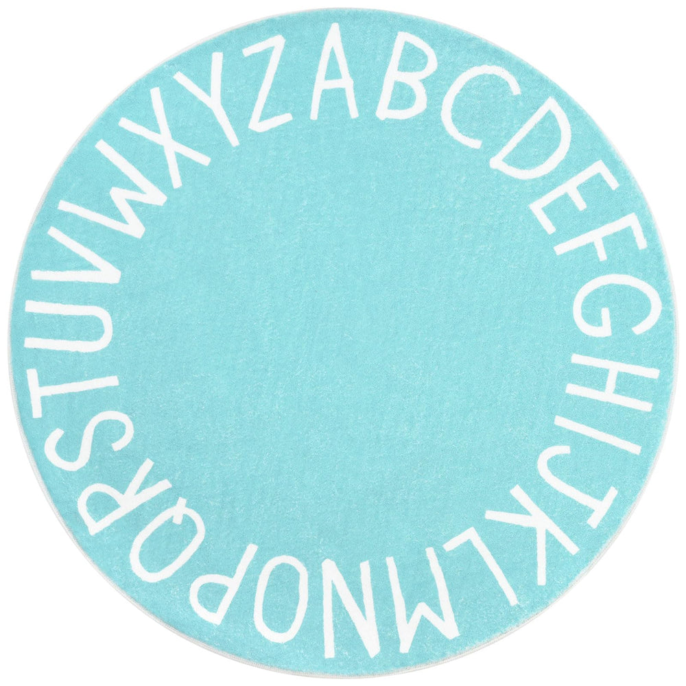 Topotdor Alphabet teal round rug with bold letters for early learning and play