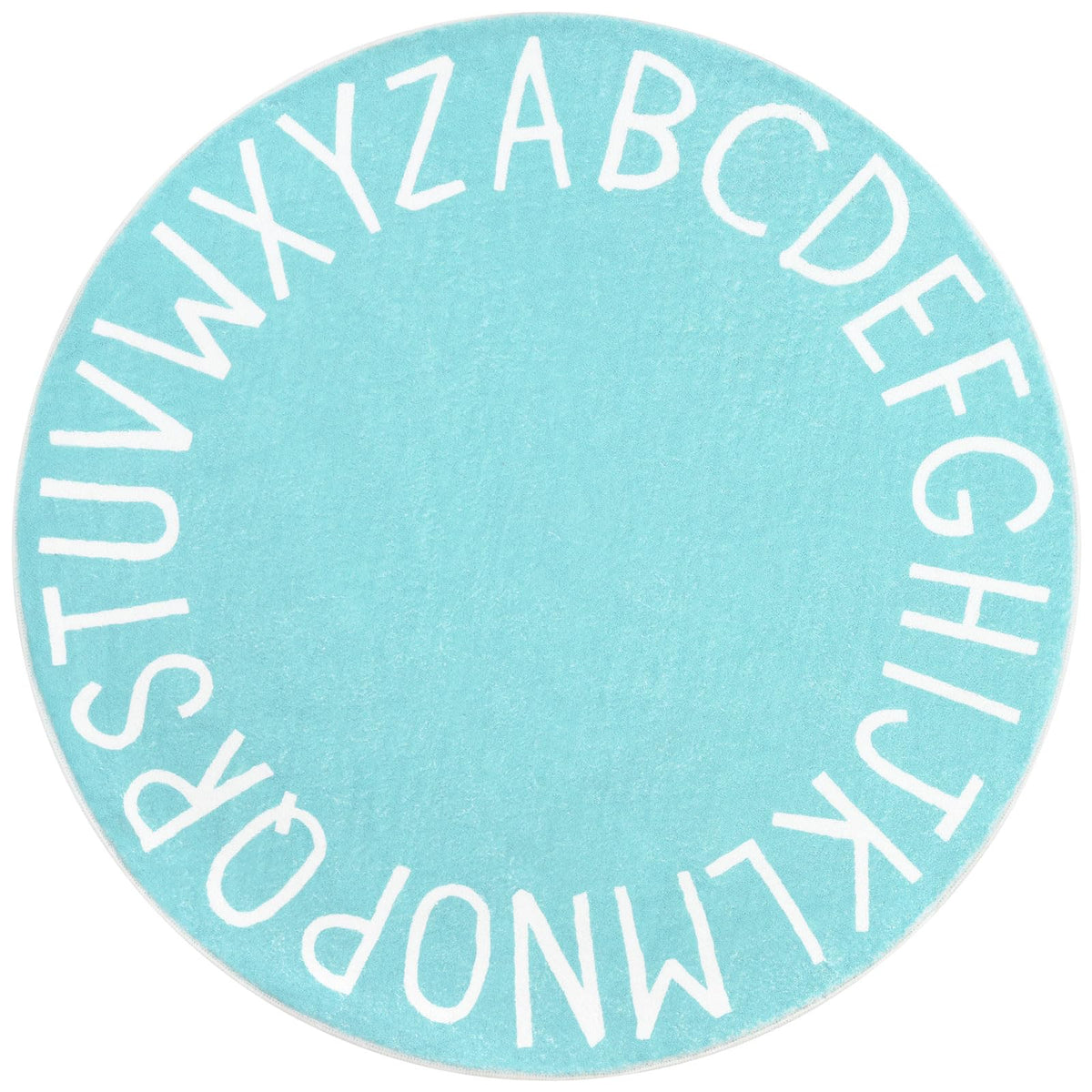 Topotdor Alphabet teal round rug with bold letters for early learning and play