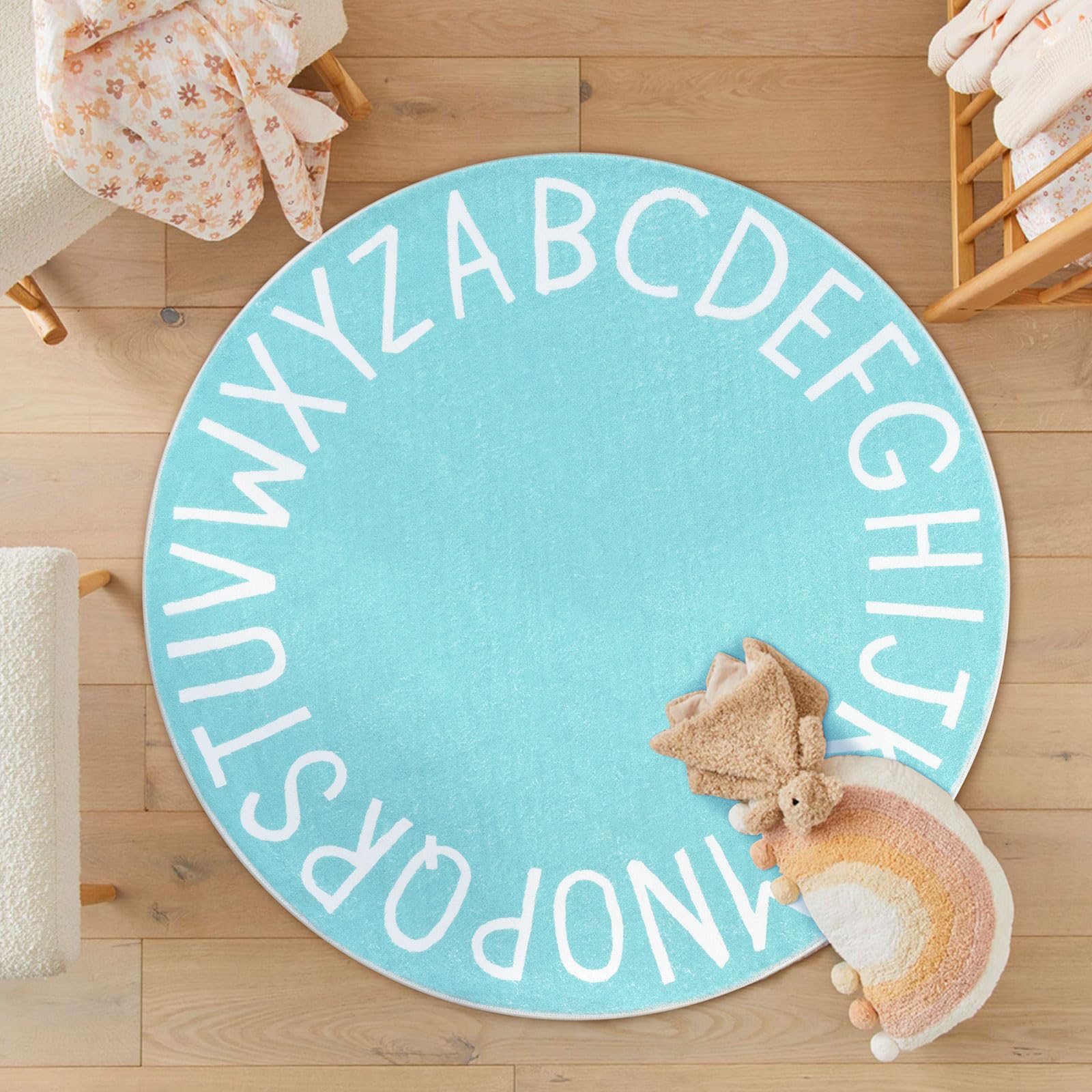 Topotdor teal round rug brightens a bedroom play corner