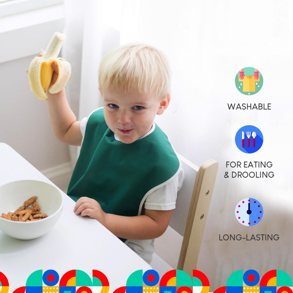 Toppy Toddler wide-coverage bib shows 13x18 inches of spill protection during meals.