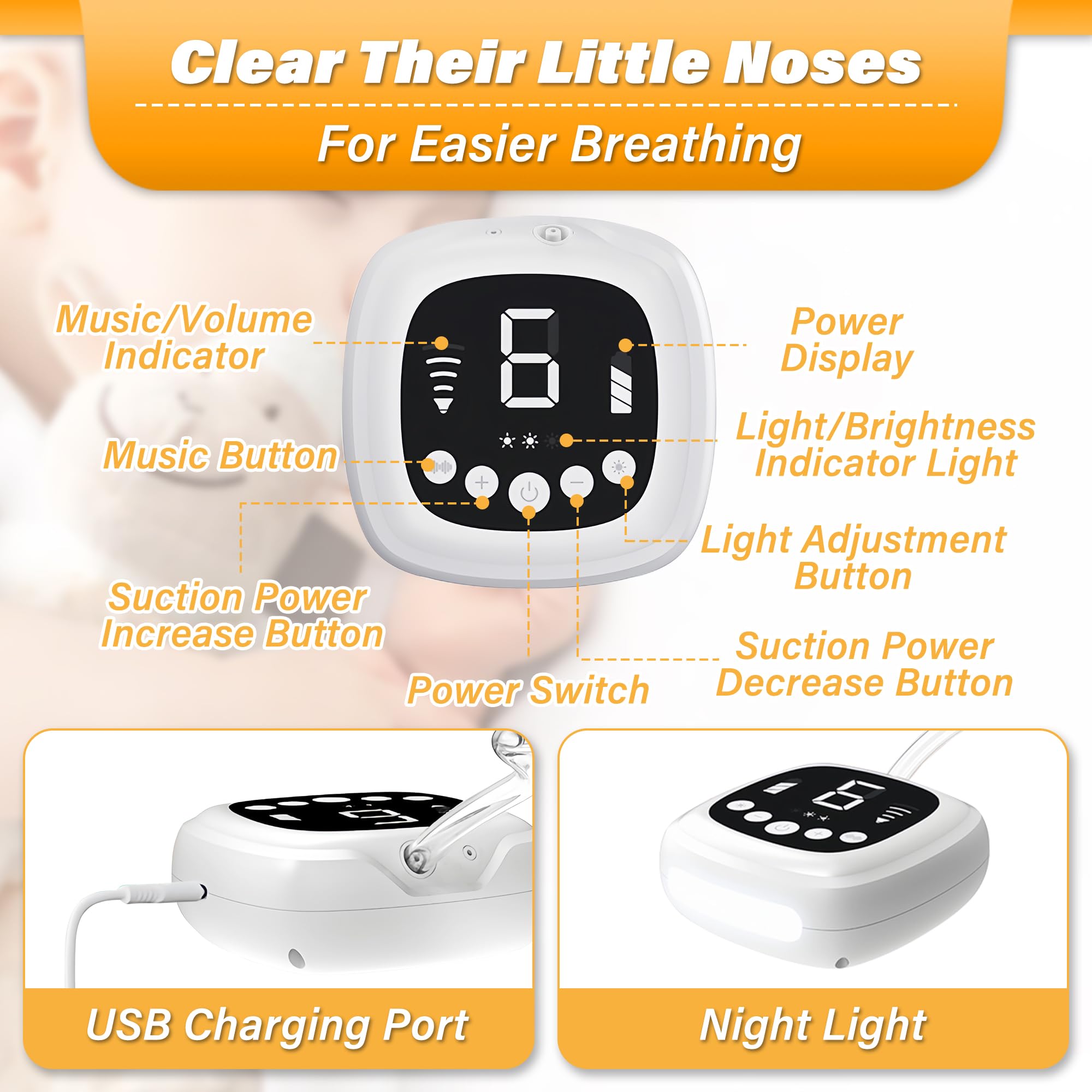 TopQuaFocus night light and lullaby soothe during nasal suction.