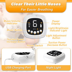 TopQuaFocus night light and lullaby soothe during nasal suction.