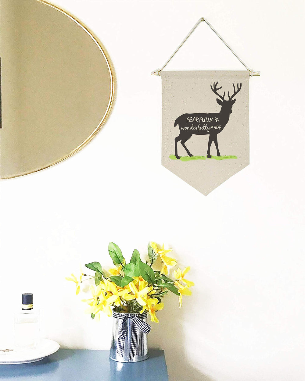 Topthink deer canvas banner hanging with twine and wooden stick for versatile display