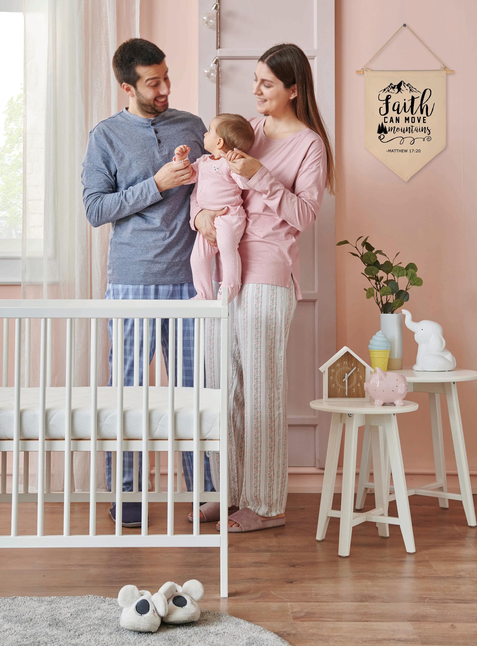 Topthink Faith Can Move Mountains beige banner hanging on twine for versatile display