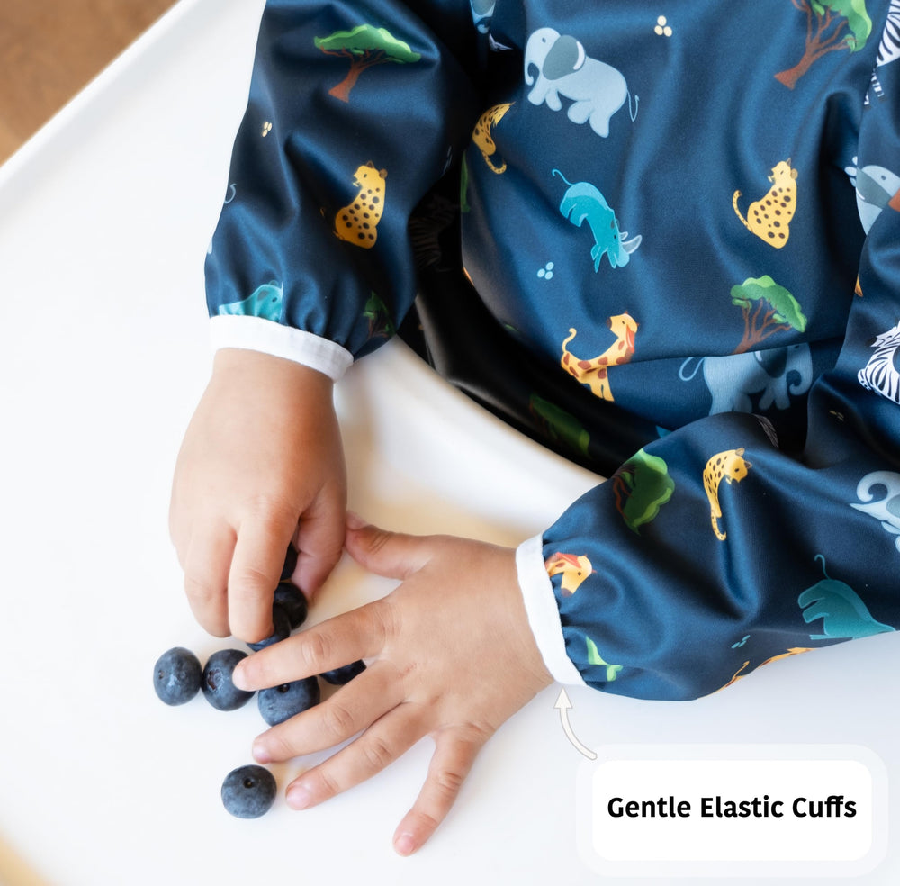 Torange baby smock bib elastic cuffs ensure snug sleeves during messy meals