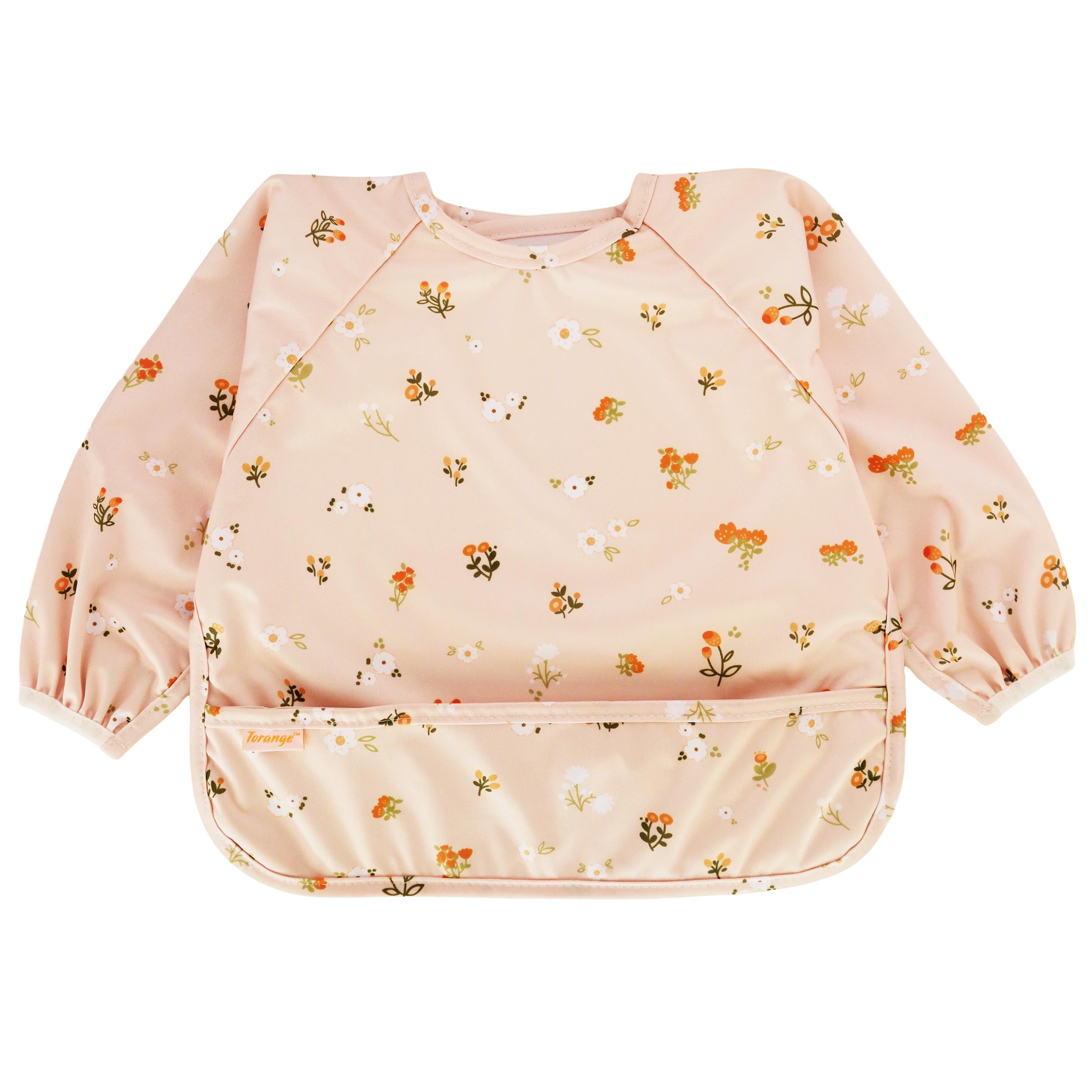 Torange waterproof long sleeve bib with catch pocket traps spills during a messy BLW meal.