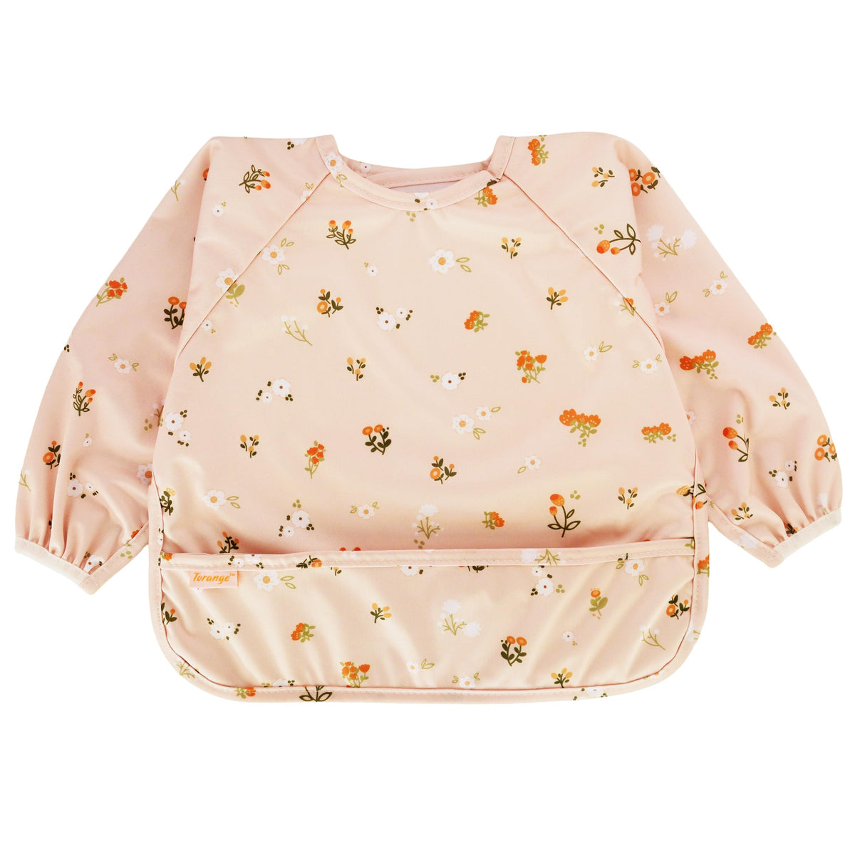 Torange waterproof long sleeve bib with catch pocket traps spills during a messy BLW meal.