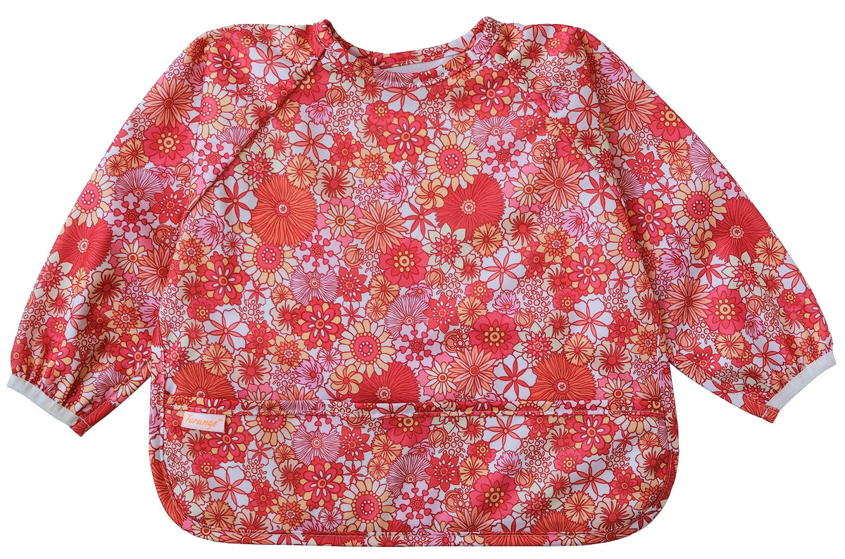 Torange waterproof long-sleeve bib wearing during dinner keeps spills contained for stress-free meals.