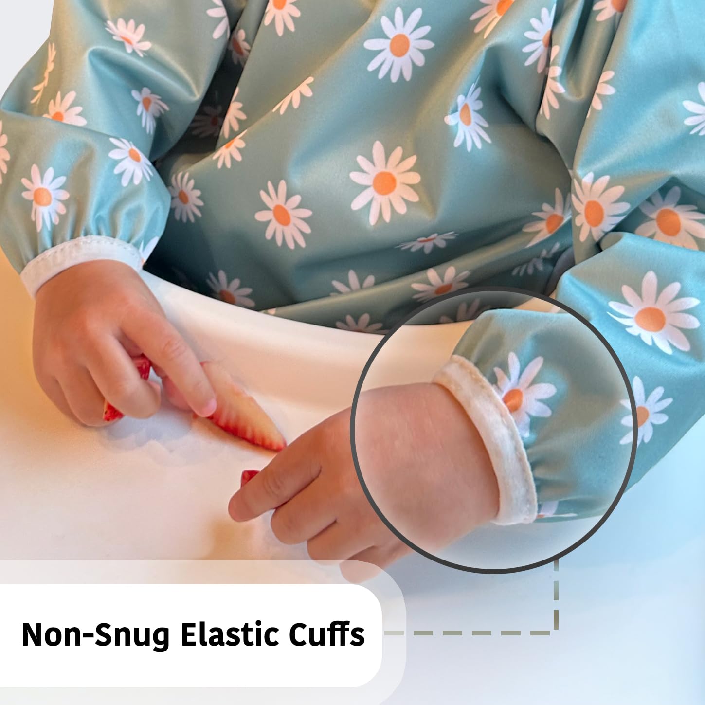 Torange bib surface demonstrates wipe-clean, machine-washable convenience.