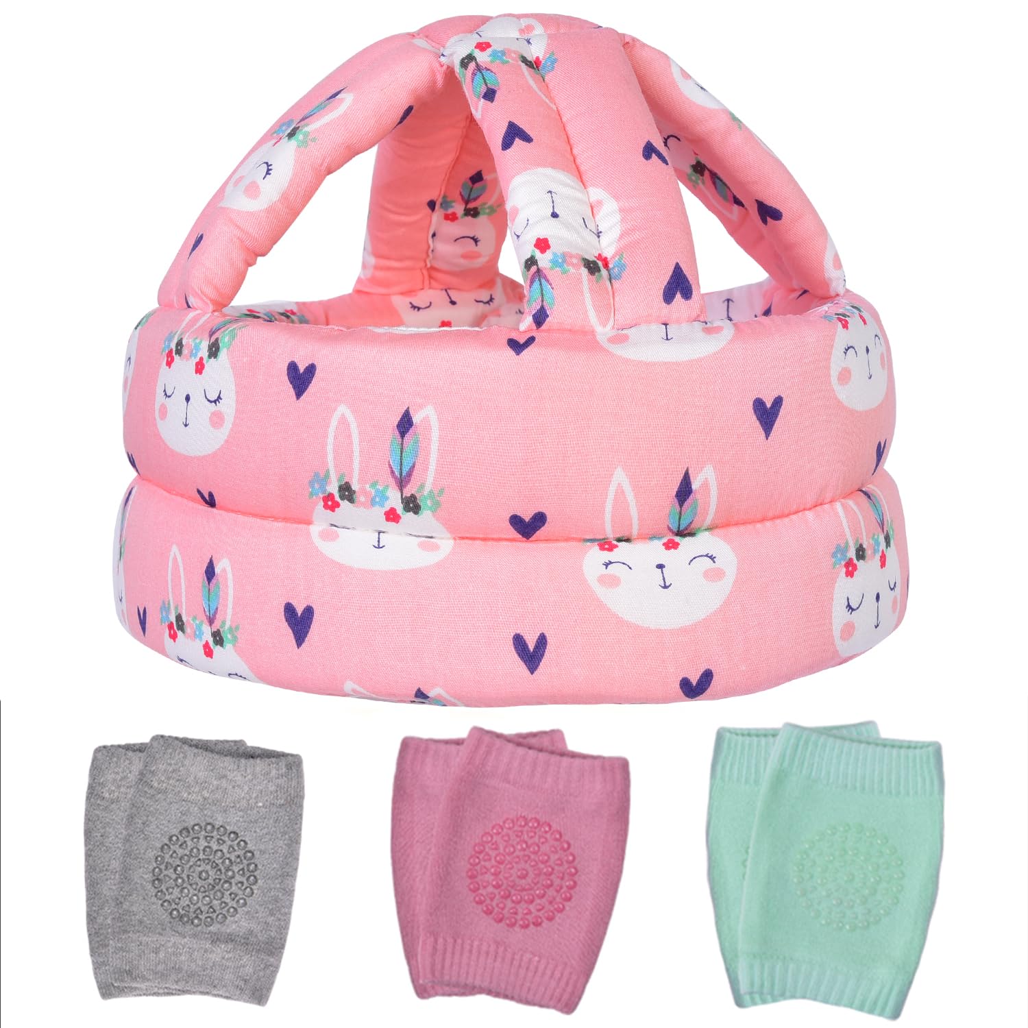 TORASO baby helmet pink rabbit front view — soft cushioning for crawling and early walking.