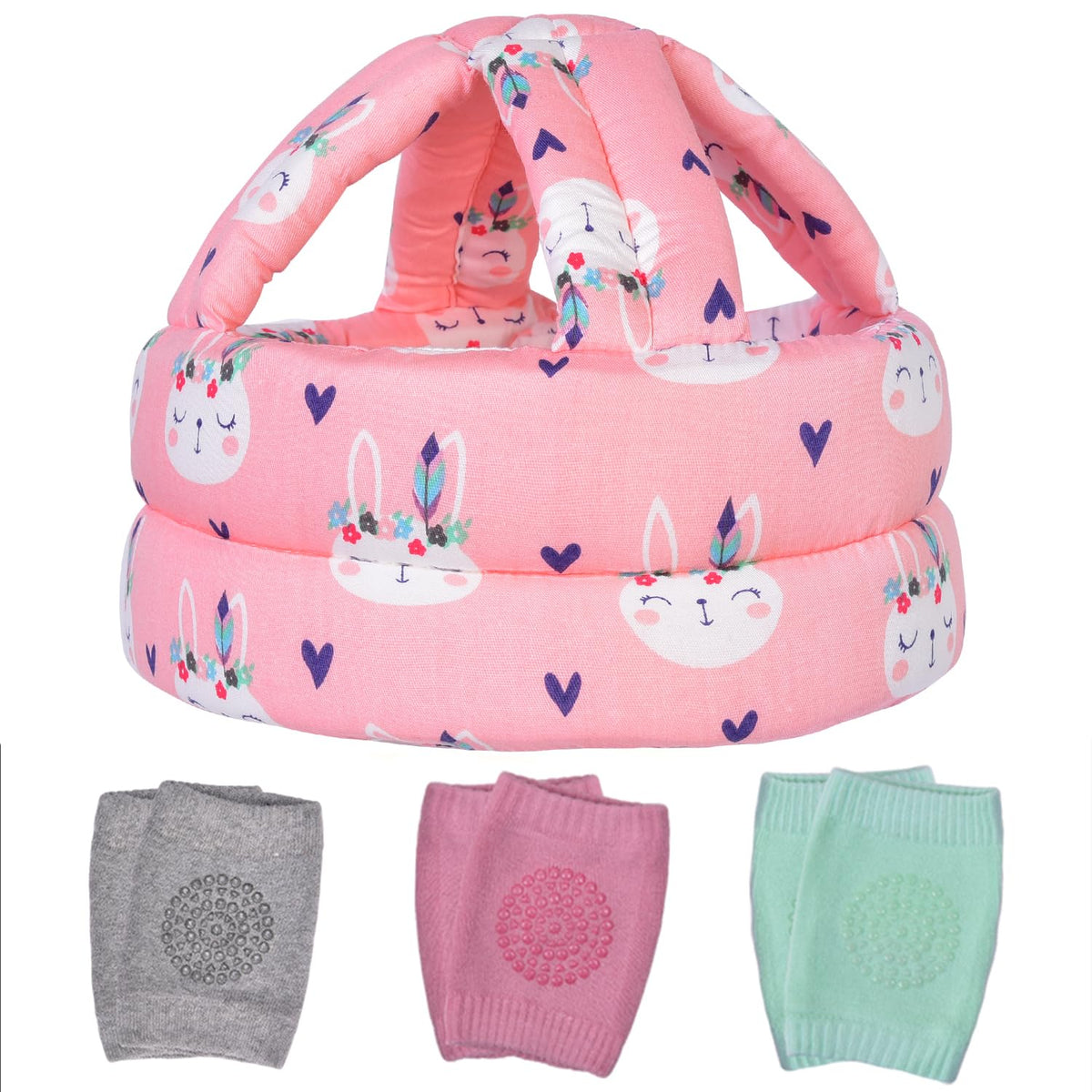 TORASO baby helmet pink rabbit front view — soft cushioning for crawling and early walking.