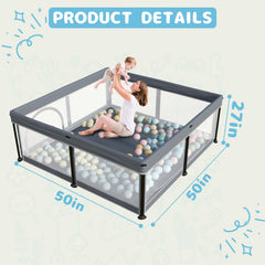 TOREVSIOR 50x50 in playpen outdoor use shows spacious, safe play area.