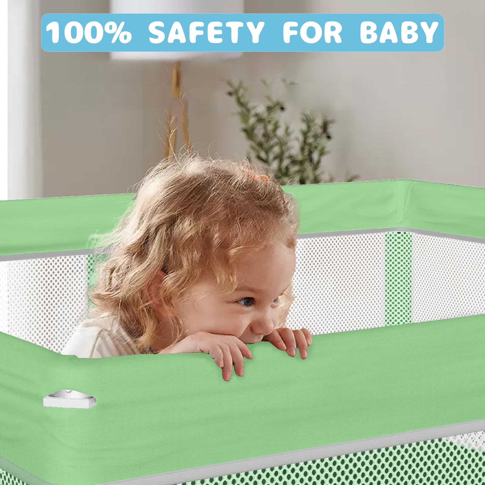 TOREVSIOR baby playpen 360-degree view with breathable mesh aids supervision.