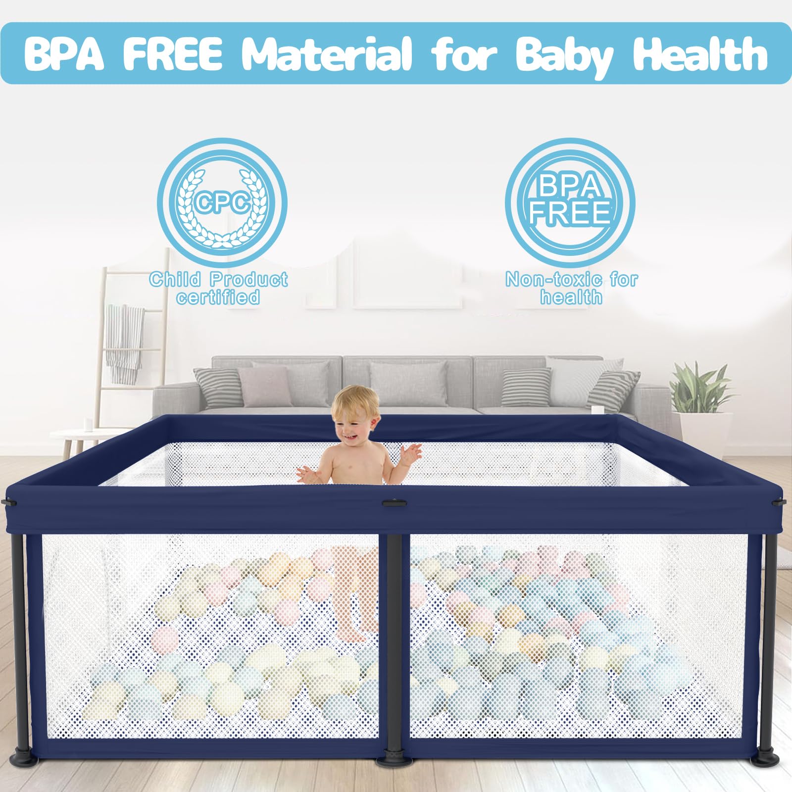 TOREVSIOR foldable playpen dimensions reveal ample 50x50-inch play area.