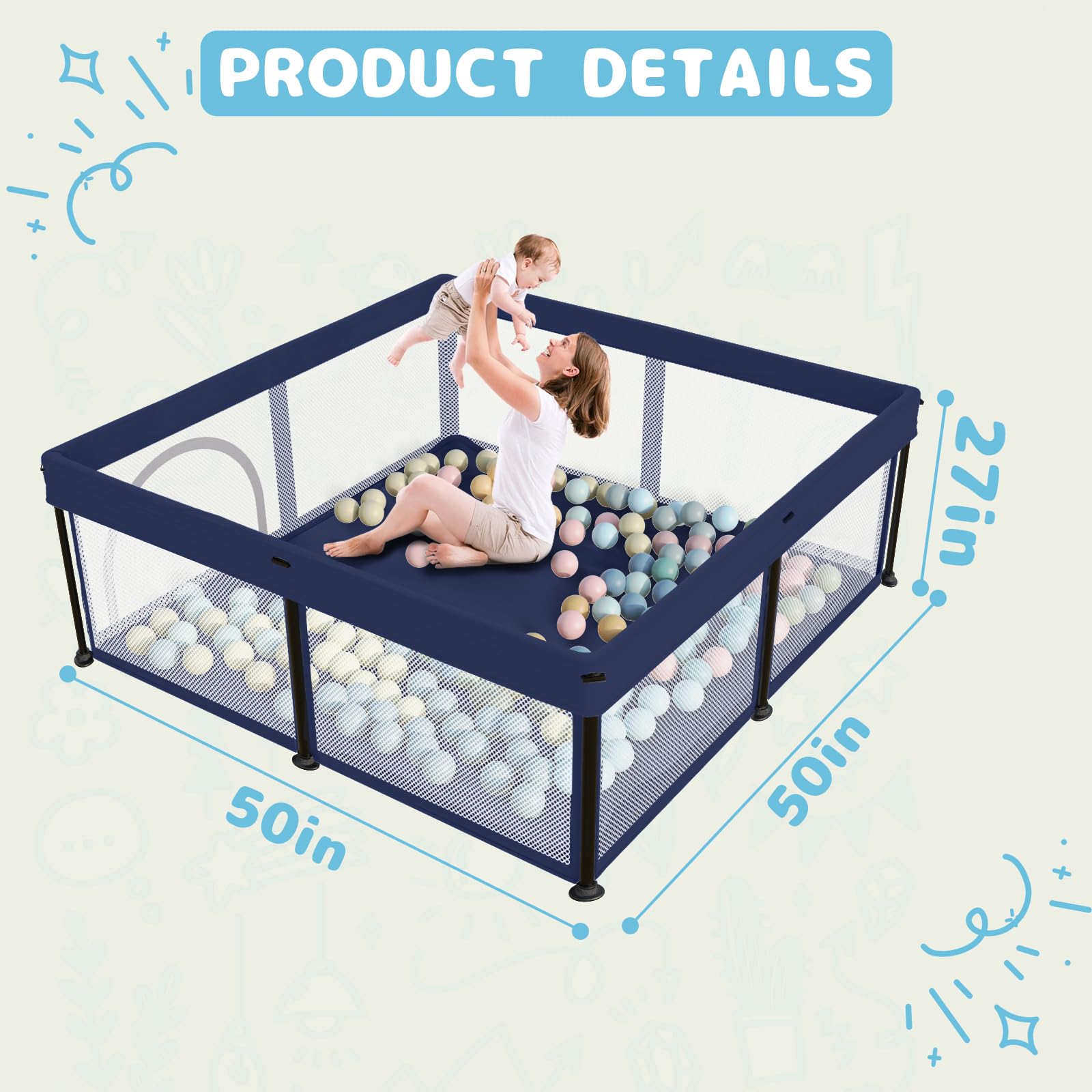 TOREVSIOR foldable playpen with ventilated mesh for airflow and comfort.