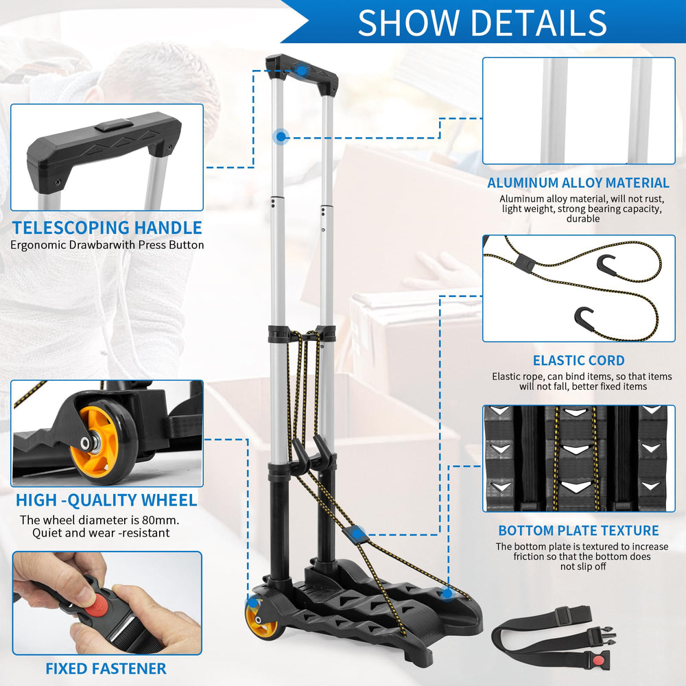 TORIBIO travel cart adjustable handle with three heights for ergonomic pulling.
