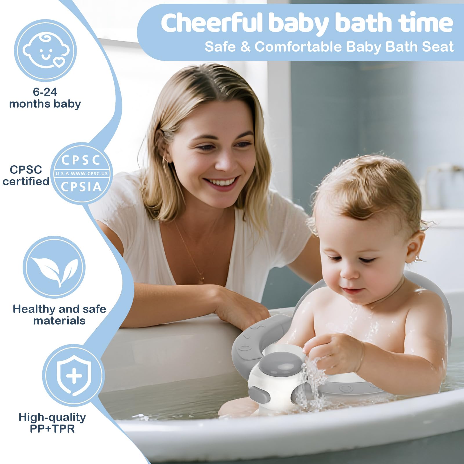 TOSGN Baby Bath Seat demonstrates secure non-slip suction cups for stable bathing.