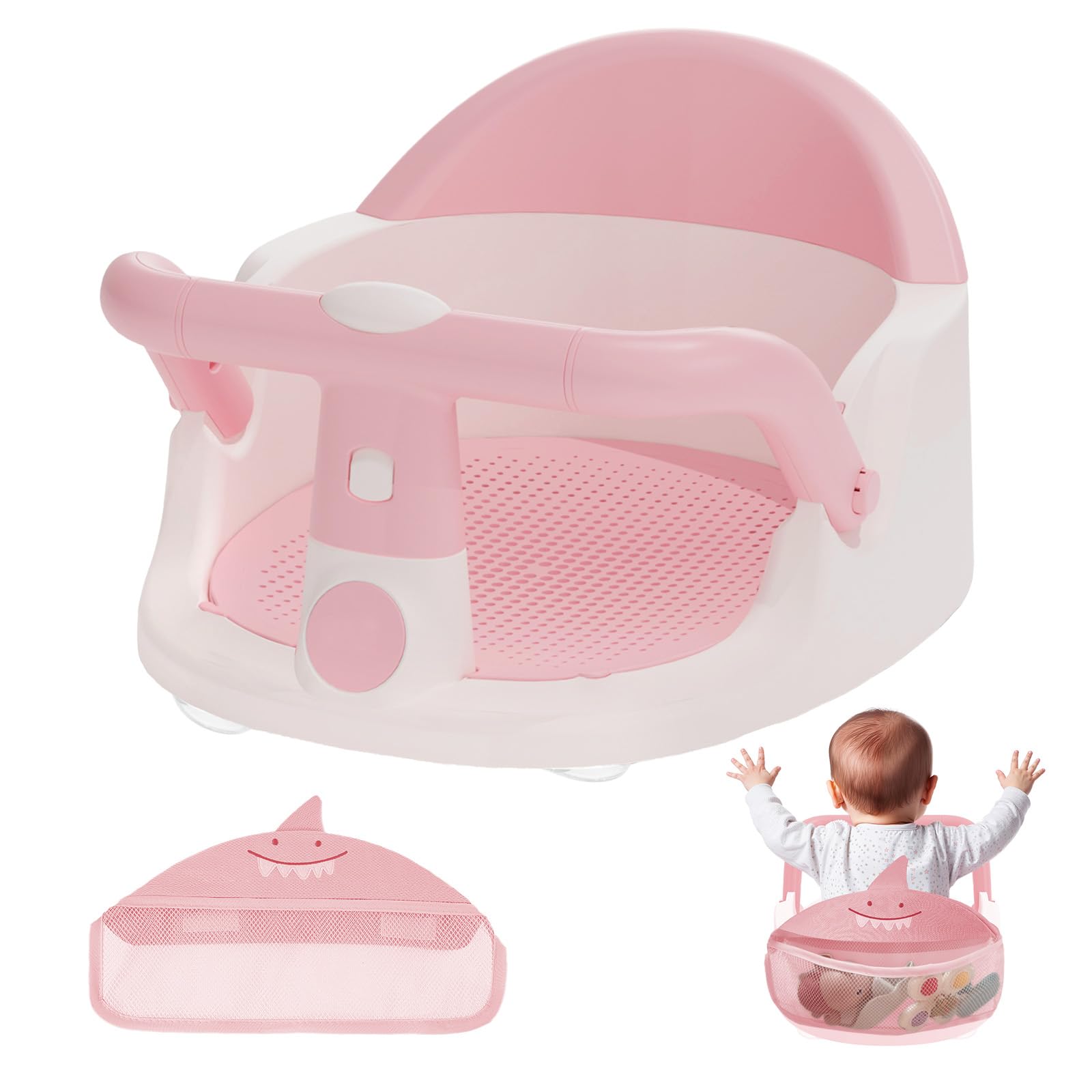 TOSGN baby bath seat pink front view showing comfortable sitting position for bath time