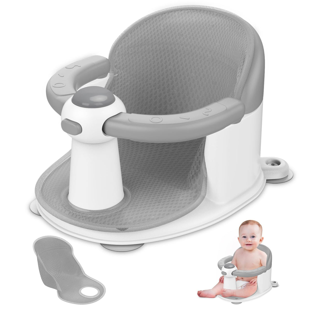 TOSGN Baby Bath Seat shows PP+TPR materials for gentle bathing.