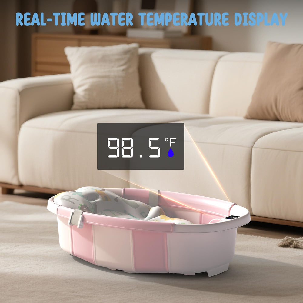 TOSGN collapsible baby bathtub with soft cushion supports comfort.