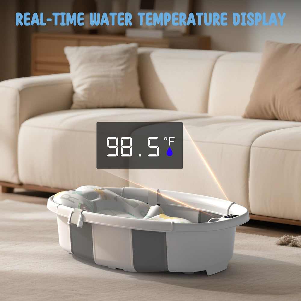 TOSGN Collapsible Baby Bathtub thermometer displays real-time temperature.