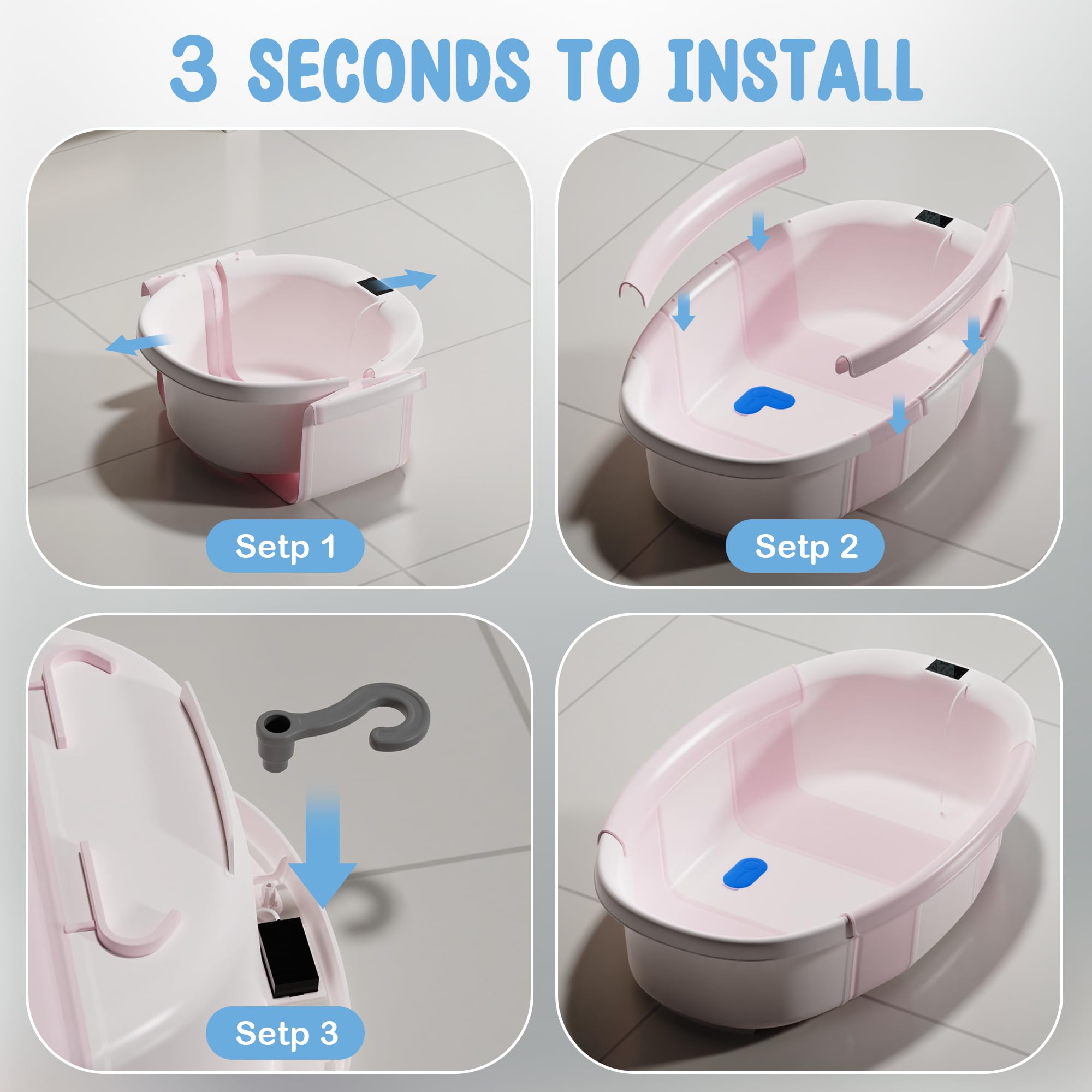 TOSGN collapsible baby bathtub with real-time thermometer display.