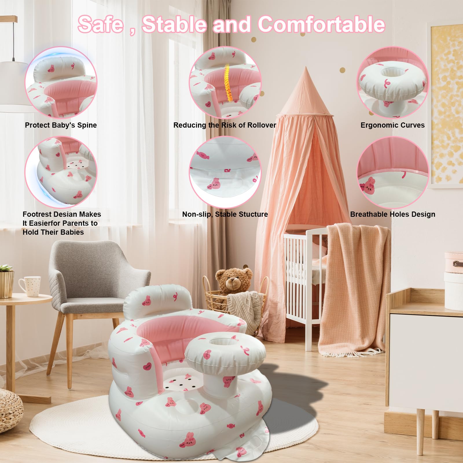 TOSXW inflatable baby seat fence top-down view demonstrates added safety during floor time.