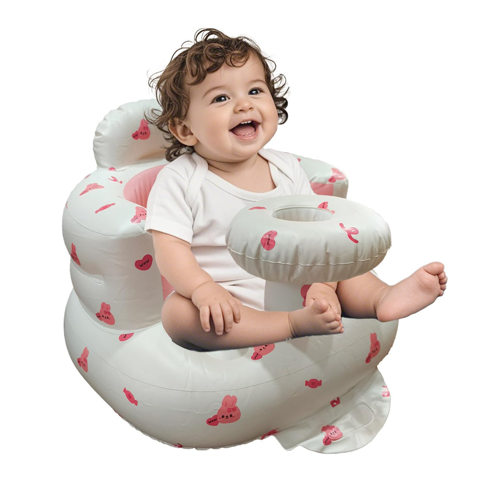TOSXW inflatable baby seat pink rabbit-tray front view shows safety-conscious design for playtime.