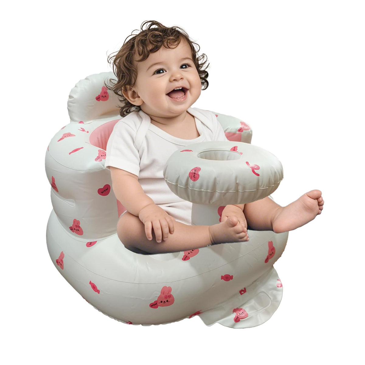 TOSXW inflatable baby seat pink rabbit-tray front view shows safety-conscious design for playtime.